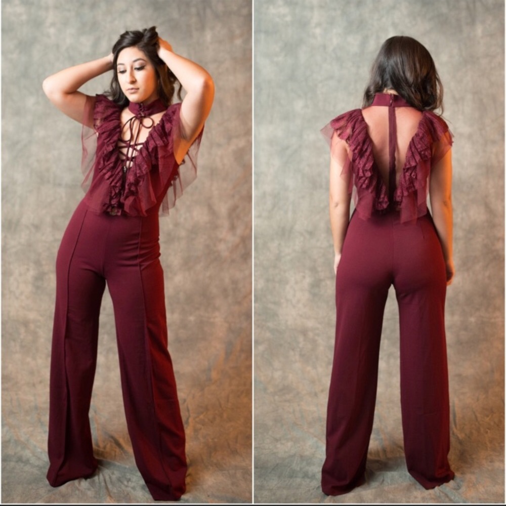 Wine detailed choker jumpsuit